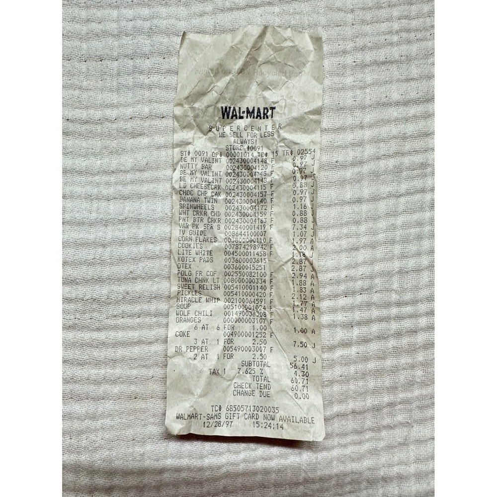 VTG receipt Walmart December 28 1997 store #0091 movie film prop collectible